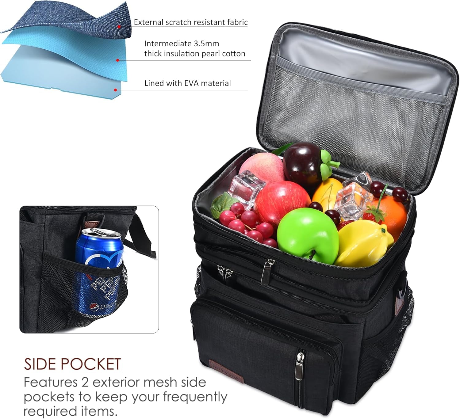 Lunch Bag for Women Men Double Deck Lunch Box - Leakproof Insulated Soft Large Lunch Cooler Bag,  (Black,15L)