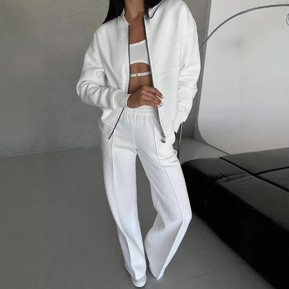 Women's Two-Piece Sports Suit – Zipper Jacket & Wide Leg Pants Set