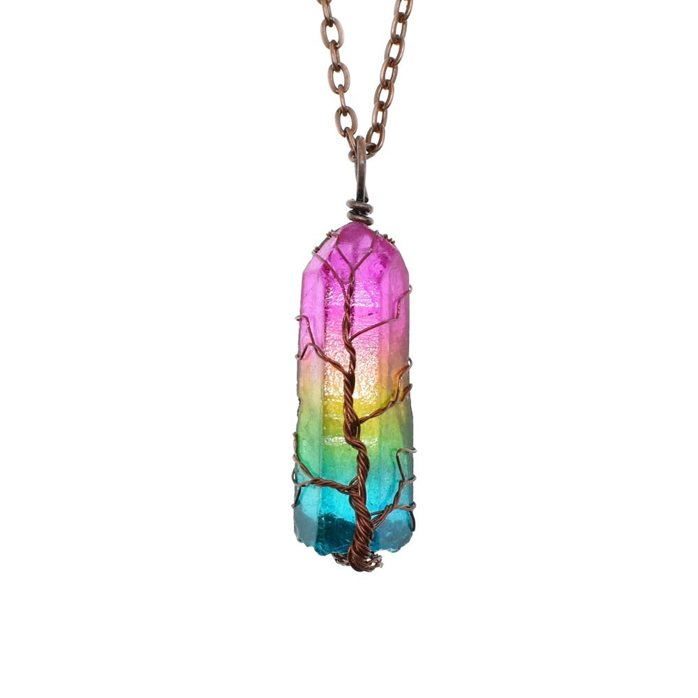 Tree of Life Crystal Pillar Pendant Necklace – Boho Stone Charm Jewelry for Women