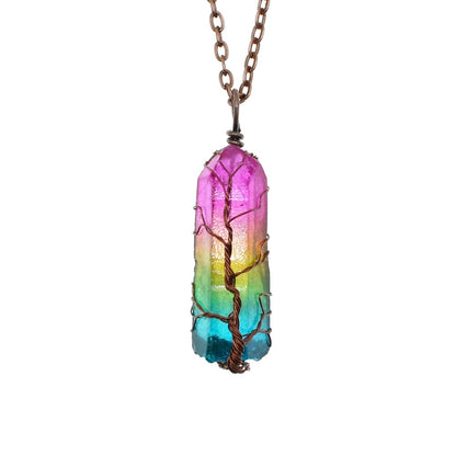 Tree of Life Crystal Pillar Pendant Necklace – Boho Stone Charm Jewelry for Women