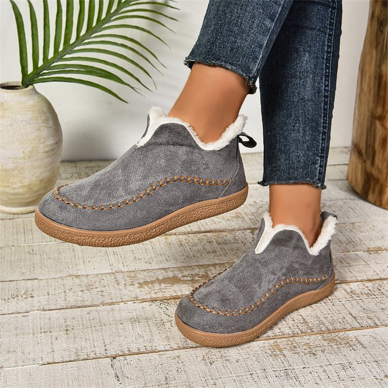 Women's V-Cut Plush Ankle Snow Boots – Warm Suede Flat Winter Shoes with Velvet Lining
