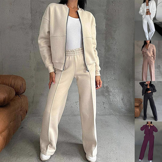 Women's Two-Piece Sports Suit – Zipper Jacket & Wide Leg Pants Set