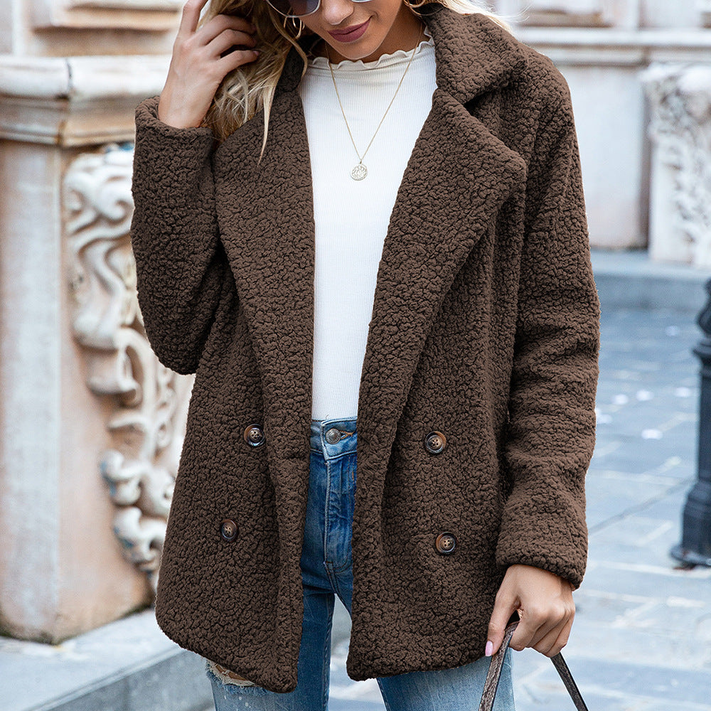 Women's Fluffy Lapel Winter Coat – Loose Fit Button-Up Cardigan Jacket