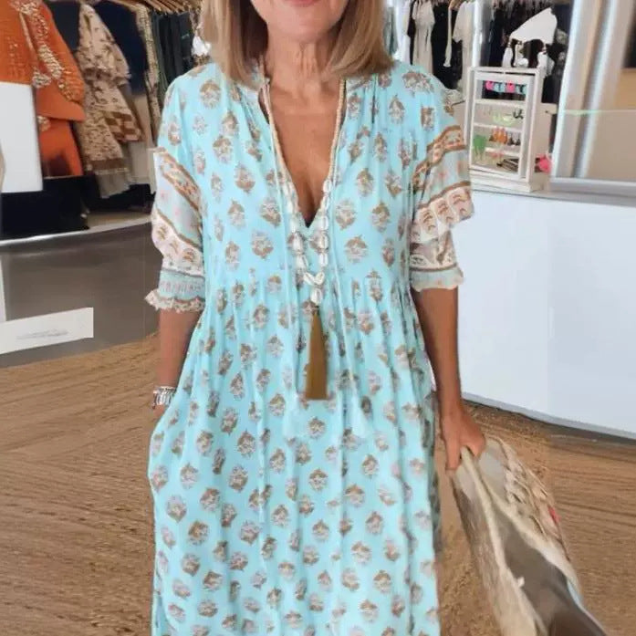 Women’s Bohemian Print Maxi Dress – Summer V-Neck Ruffle Long Dress with Lantern Sleeves