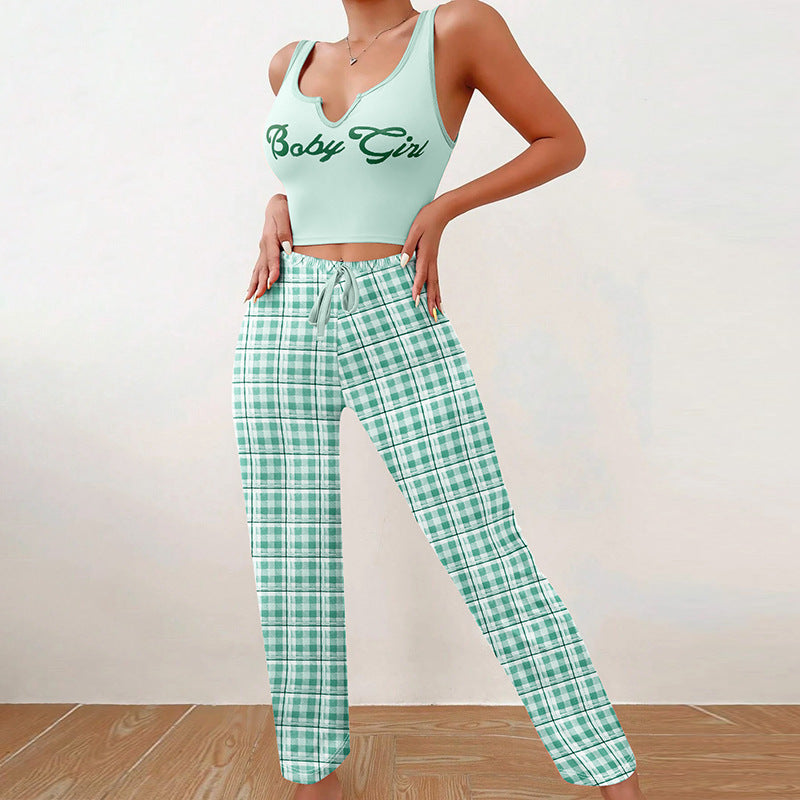 Women’s 2-Piece Plaid Pajama Set – Sleeveless Letter Print Top & Color-Block Trousers, Spring/Summer Loungewear