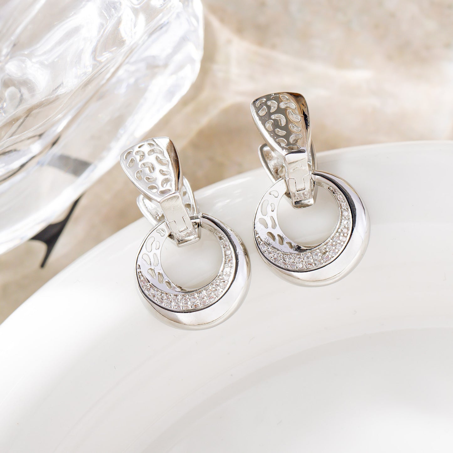 Luxury Rose Gold & Silver Drop Earrings – Hollow Moon Round Design with Natural Zircon for Bridal & Daily Wear