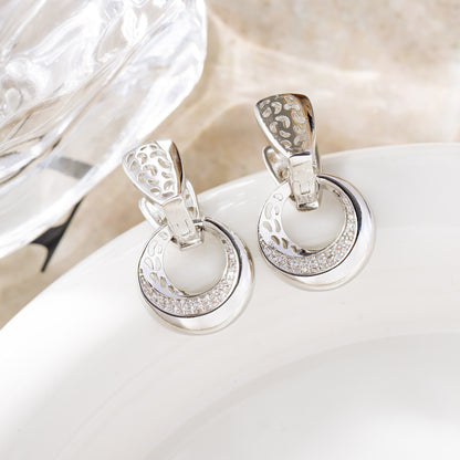 Luxury Rose Gold & Silver Drop Earrings – Hollow Moon Round Design with Natural Zircon for Bridal & Daily Wear