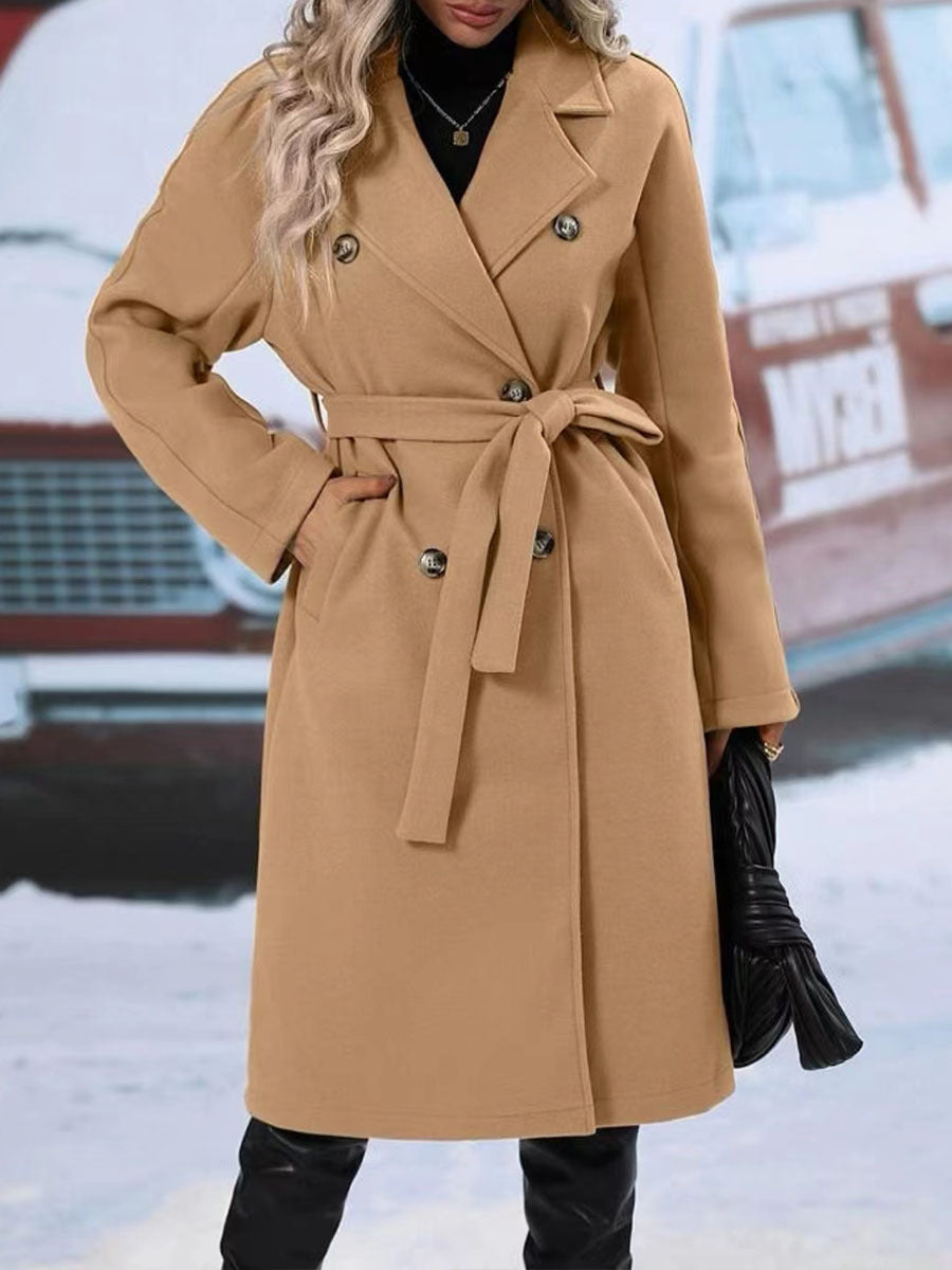 Women's Winter Trench Coat – Long Solid Color Belted Jacket with Lapel Collar