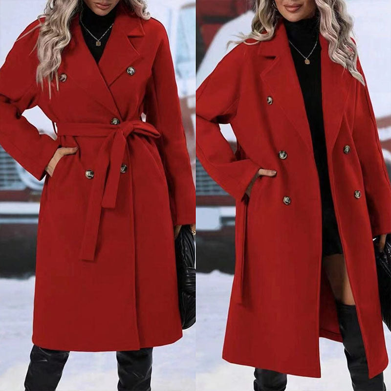 Women's Winter Trench Coat – Long Solid Color Belted Jacket with Lapel Collar