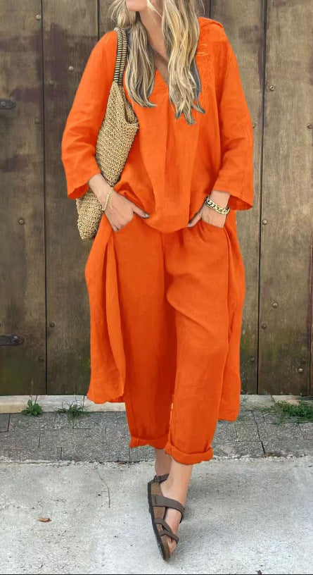 2-Piece Women’s V-Neck Suit Set – Long Sleeve Top & High-Waisted Wide Leg Pants with Pockets