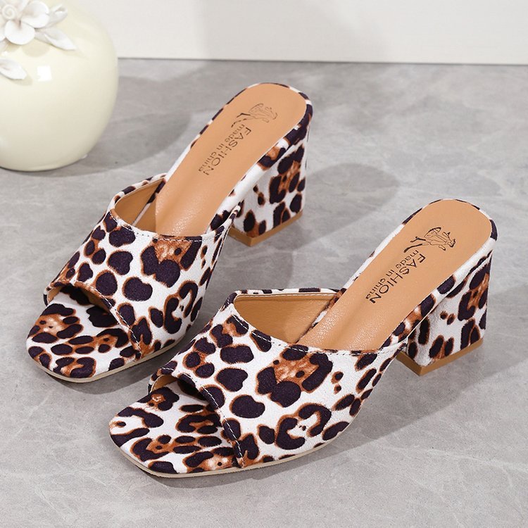 Women’s Leopard Print Square Toe Sandals – Chunky High-Heeled Summer Slippers