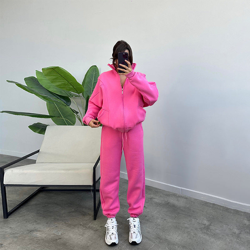 Women's Jogger Tracksuit Set – Zipper Stand Collar Cardigan & Drawstring Pants with Pockets