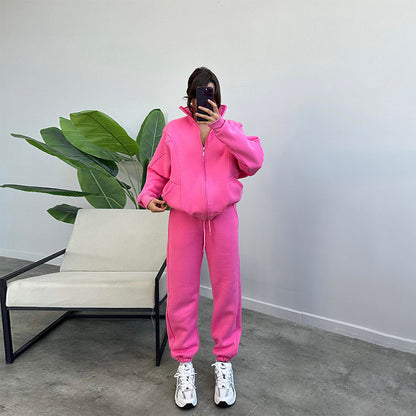 Women's Jogger Tracksuit Set – Zipper Stand Collar Cardigan & Drawstring Pants with Pockets