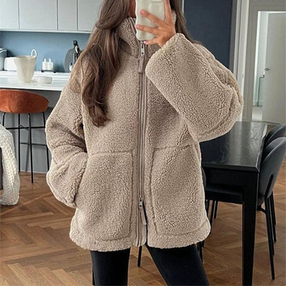 Women's Winter Lapel Zip-Up Fleece Jacket – Casual Solid Coat with Pockets, Long Sleeves