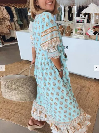 Women’s Bohemian Print Maxi Dress – Summer V-Neck Ruffle Long Dress with Lantern Sleeves