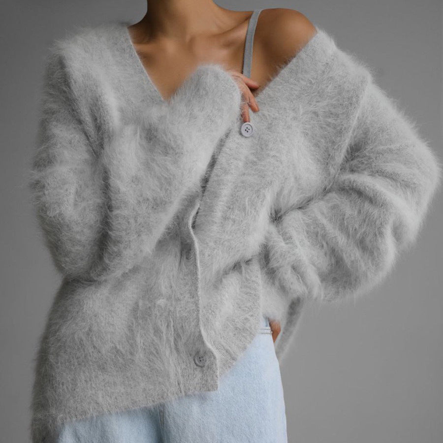 Women’s V-Neck Button Cardigan – Loose Knit Fall/Winter Sweater Top