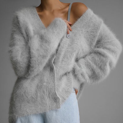 Women’s V-Neck Button Cardigan – Loose Knit Fall/Winter Sweater Top