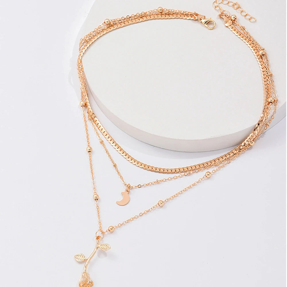 Bohemian Layered Moon & Rose Pendant Necklace – Gold Choker for Women, Fashion Jewelry Gift