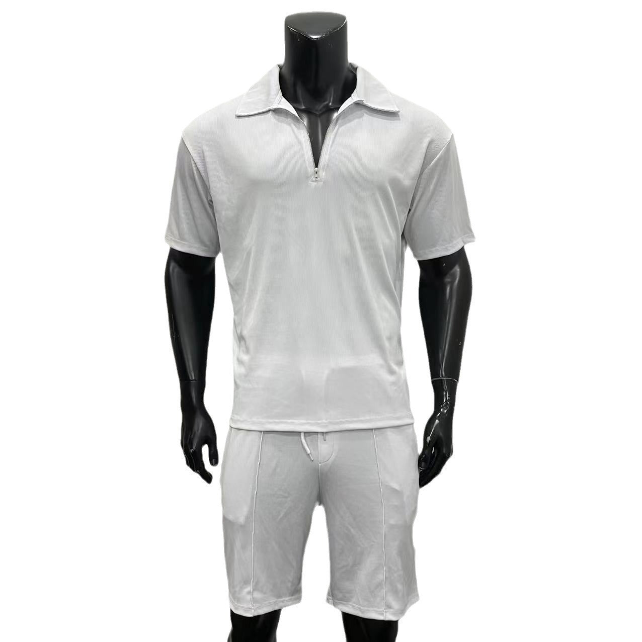 Men's Summer 2-Piece Set – Zipper Polo Shirt & Drawstring Shorts Casual Outfit