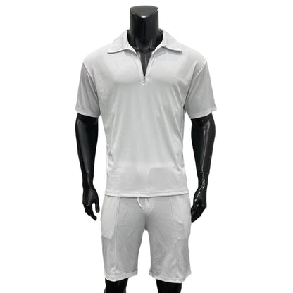 Men's Summer 2-Piece Set – Zipper Polo Shirt & Drawstring Shorts Casual Outfit