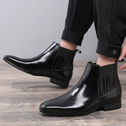 Men's Pointed Toe Chelsea Boots – British Style Formal Leather Dress Shoes with Square Heel