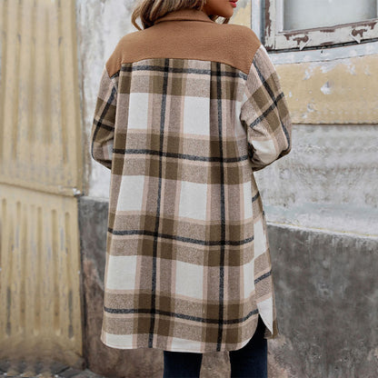 Women's Brushed Plaid Long Winter Coat – Stylish Warm Jacket with Pockets