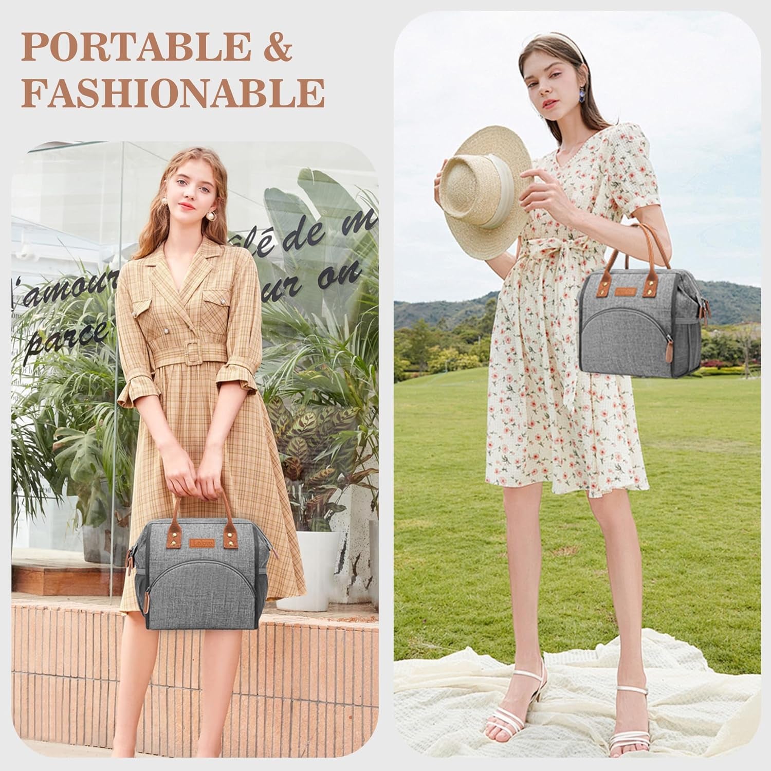 Lunch Bag Women Insulated Lunch Box Wide-Open Lunch Tote Bag Large Drinks Holder Durable Nylon Thermal Snacks Organizer for Men Adults Work Picnic Hiking Beach Fishing,Grey