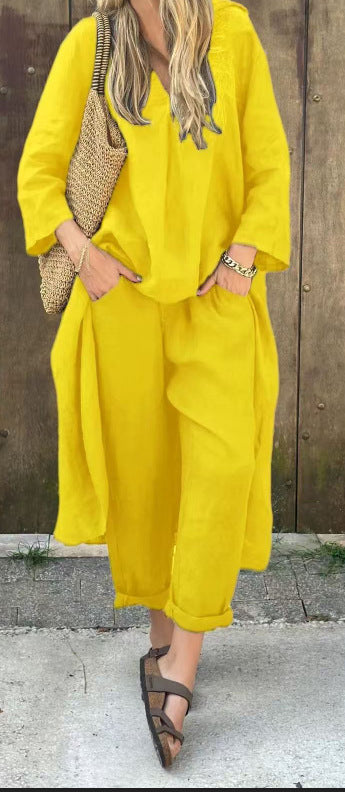 2-Piece Women’s V-Neck Suit Set – Long Sleeve Top & High-Waisted Wide Leg Pants with Pockets