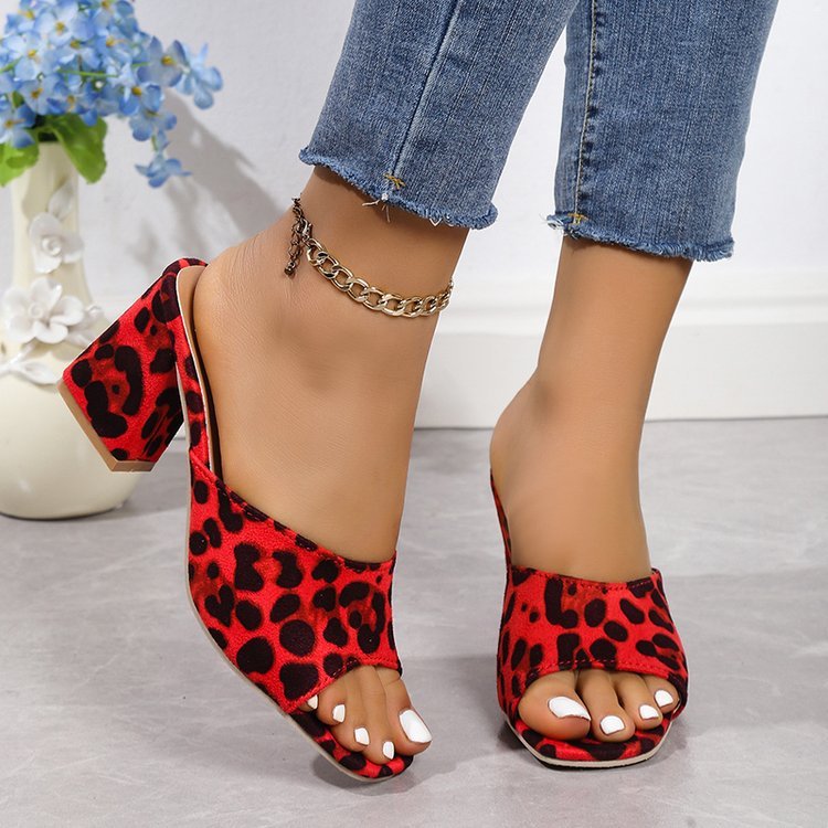 Women’s Leopard Print Square Toe Sandals – Chunky High-Heeled Summer Slippers