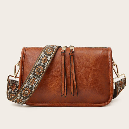 Women's Bohemian Crossbody Tote – Retro Solid Color Bag with Wide Shoulder Strap