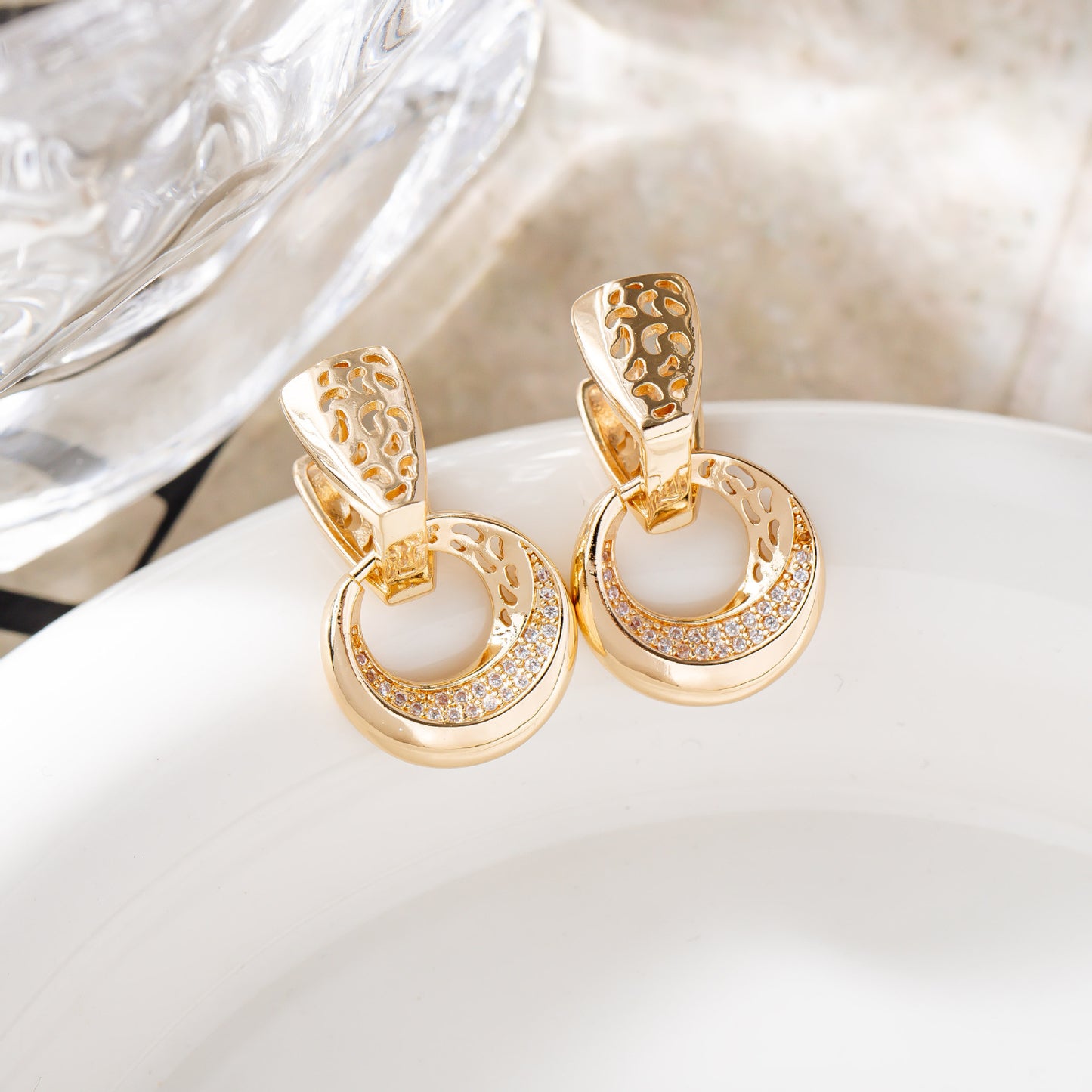Luxury Rose Gold & Silver Drop Earrings – Hollow Moon Round Design with Natural Zircon for Bridal & Daily Wear