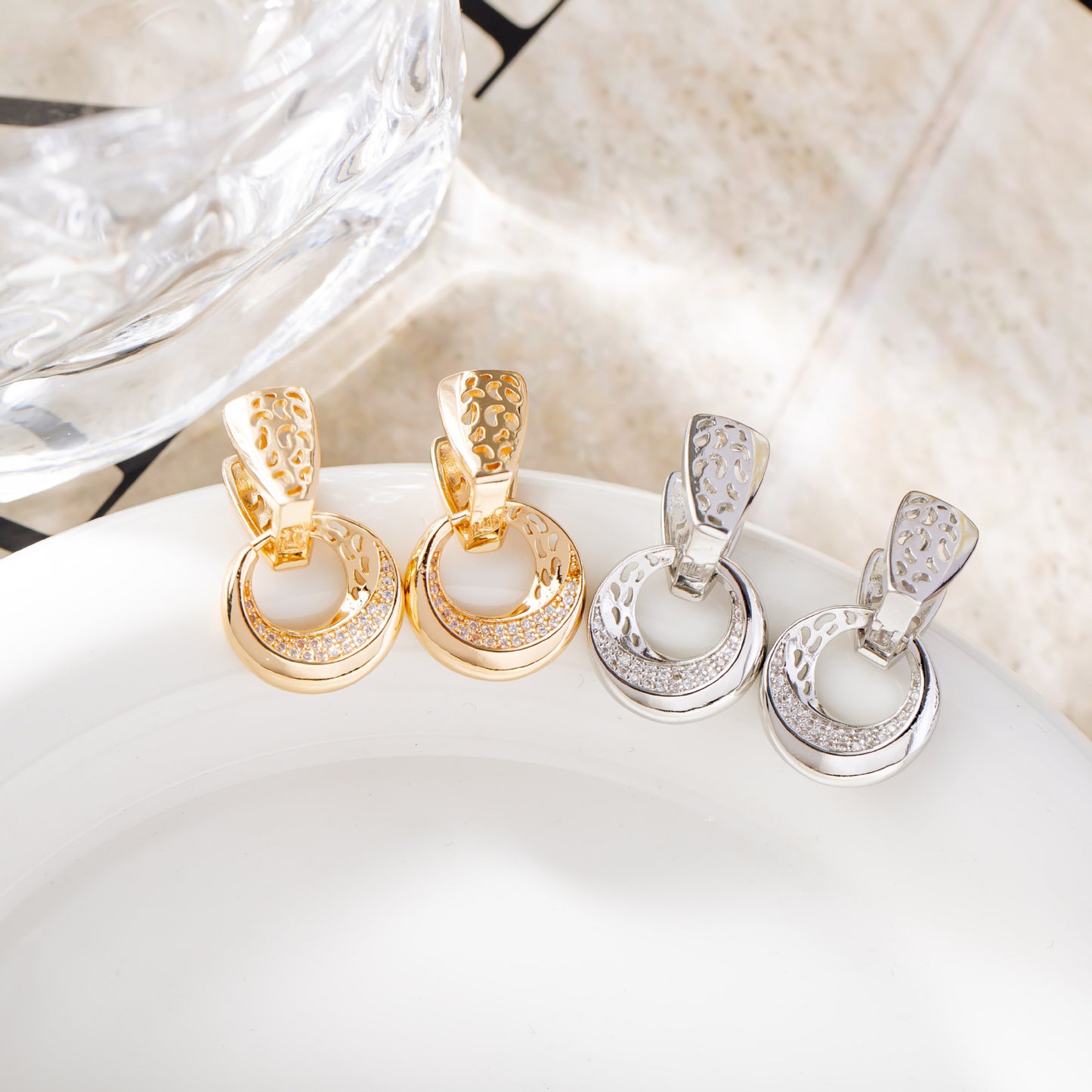 Luxury Rose Gold & Silver Drop Earrings – Hollow Moon Round Design with Natural Zircon for Bridal & Daily Wear