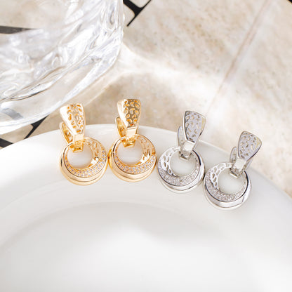 Luxury Rose Gold & Silver Drop Earrings – Hollow Moon Round Design with Natural Zircon for Bridal & Daily Wear