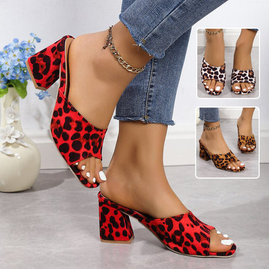 Women’s Leopard Print Square Toe Sandals – Chunky High-Heeled Summer Slippers