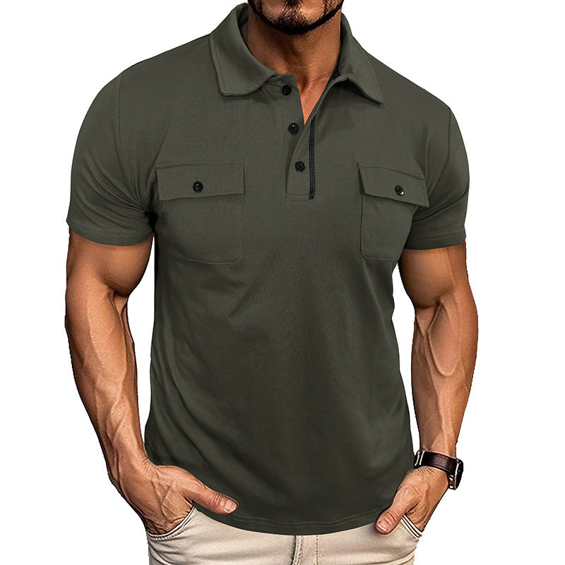 Men’s Summer Polo Shirt – Short Sleeve Button-Up with Lapel Collar & Pockets, Outdoor Casual Top