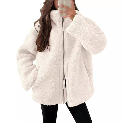 Women's Winter Lapel Zip-Up Fleece Jacket – Casual Solid Coat with Pockets, Long Sleeves