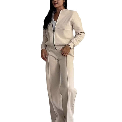 Women's Two-Piece Sports Suit – Zipper Jacket & Wide Leg Pants Set