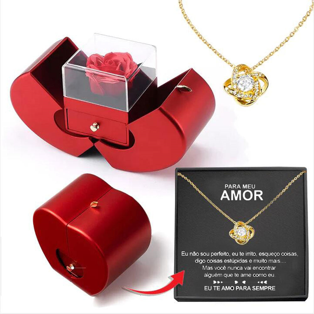 Eternal Rose Jewelry Box – Red Apple Gift Box with Artificial Rose Flower & Necklace for Girls