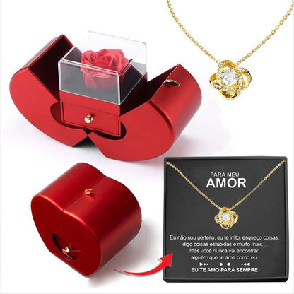 Eternal Rose Jewelry Box – Red Apple Gift Box with Artificial Rose Flower & Necklace for Girls