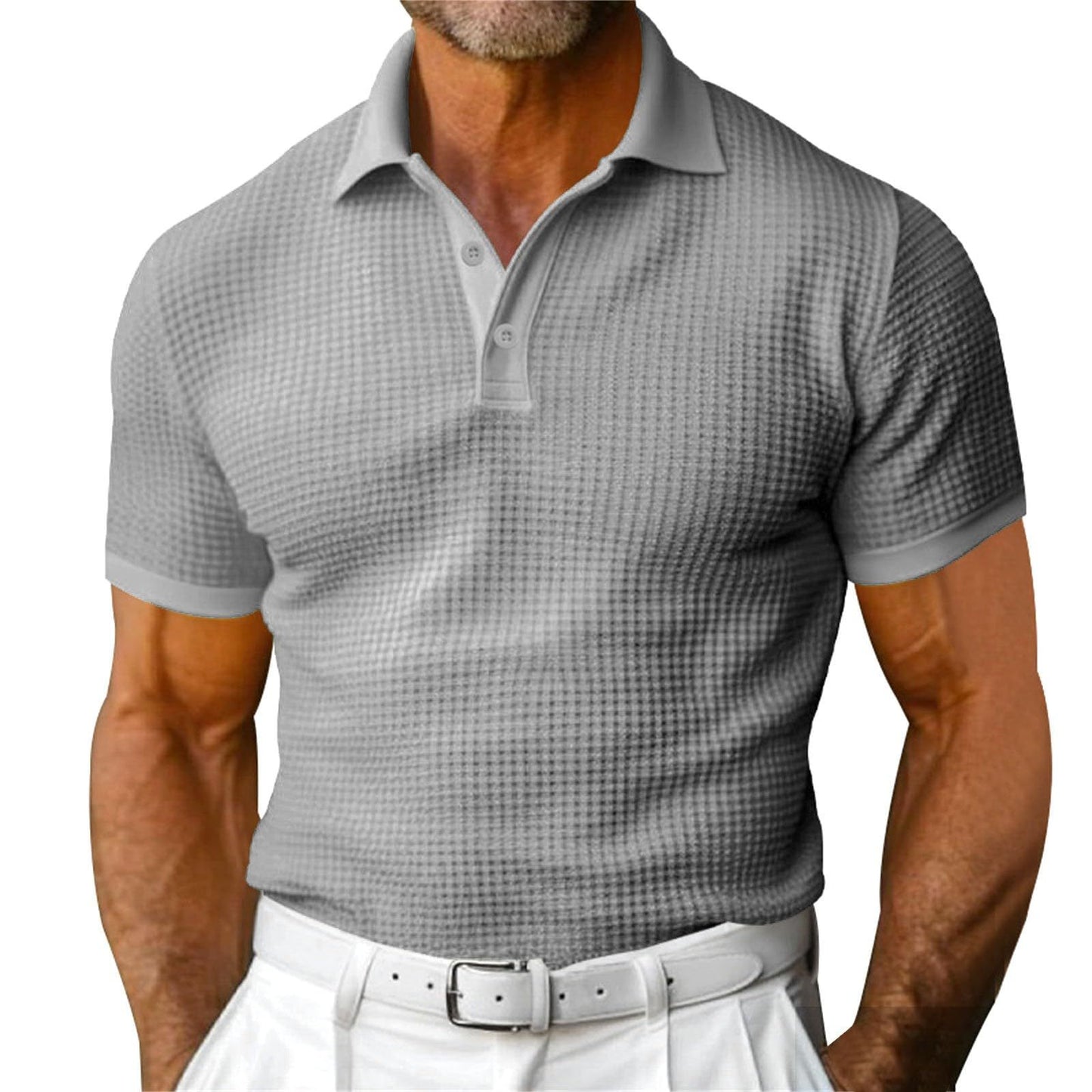 Men’s Waffle Knit Polo Shirt – Short Sleeve Summer Lapel Top