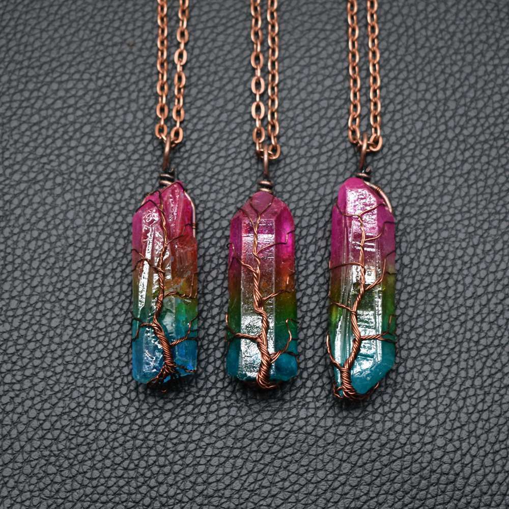 Tree of Life Crystal Pillar Pendant Necklace – Boho Stone Charm Jewelry for Women