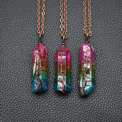 Tree of Life Crystal Pillar Pendant Necklace – Boho Stone Charm Jewelry for Women