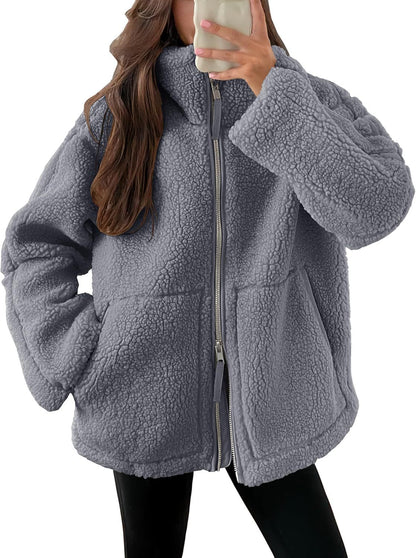 Women's Winter Lapel Zip-Up Fleece Jacket – Casual Solid Coat with Pockets, Long Sleeves