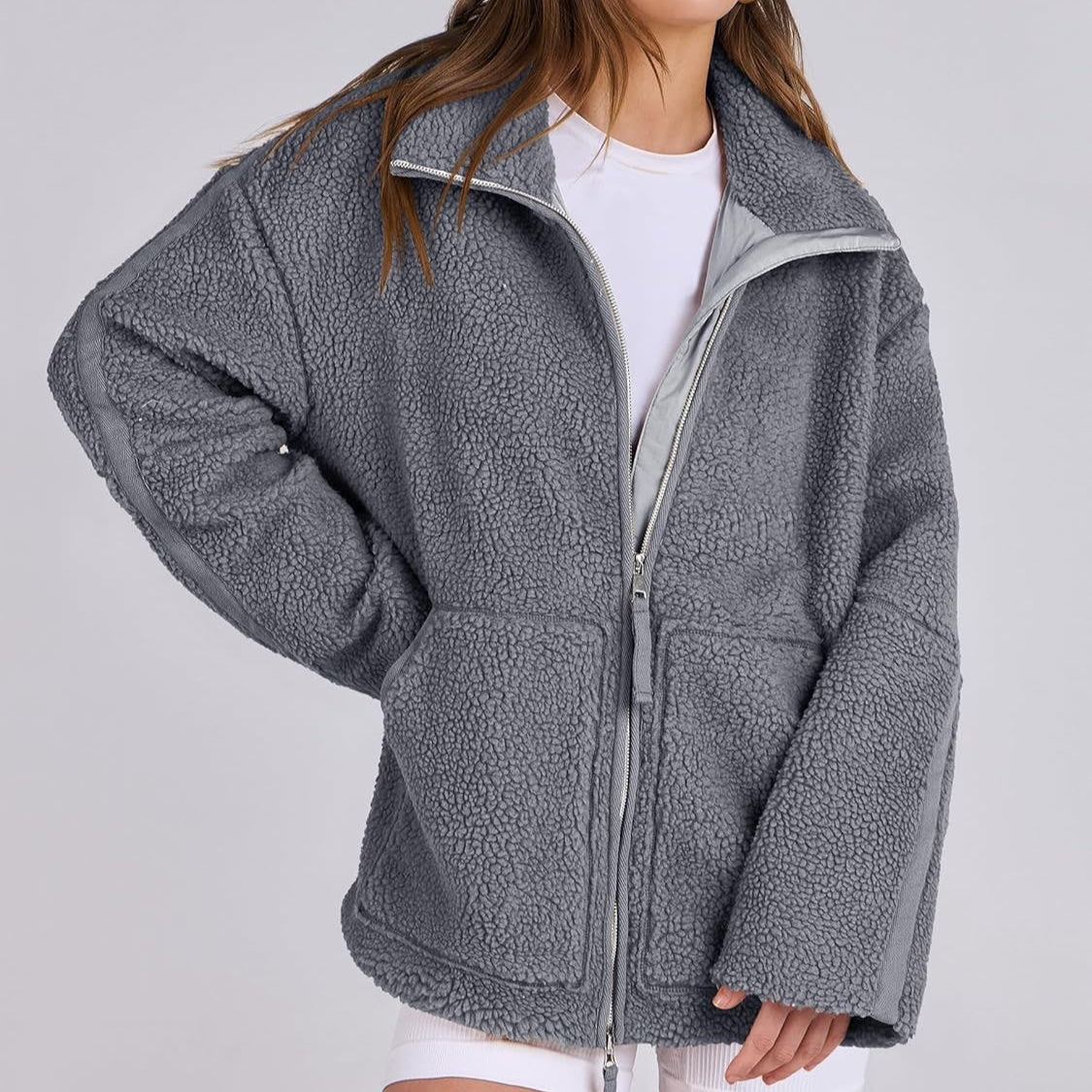 Women's Winter Lapel Zip-Up Fleece Jacket – Casual Solid Coat with Pockets, Long Sleeves