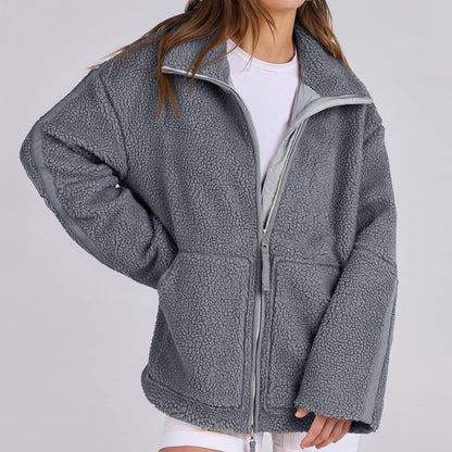 Women's Winter Lapel Zip-Up Fleece Jacket – Casual Solid Coat with Pockets, Long Sleeves
