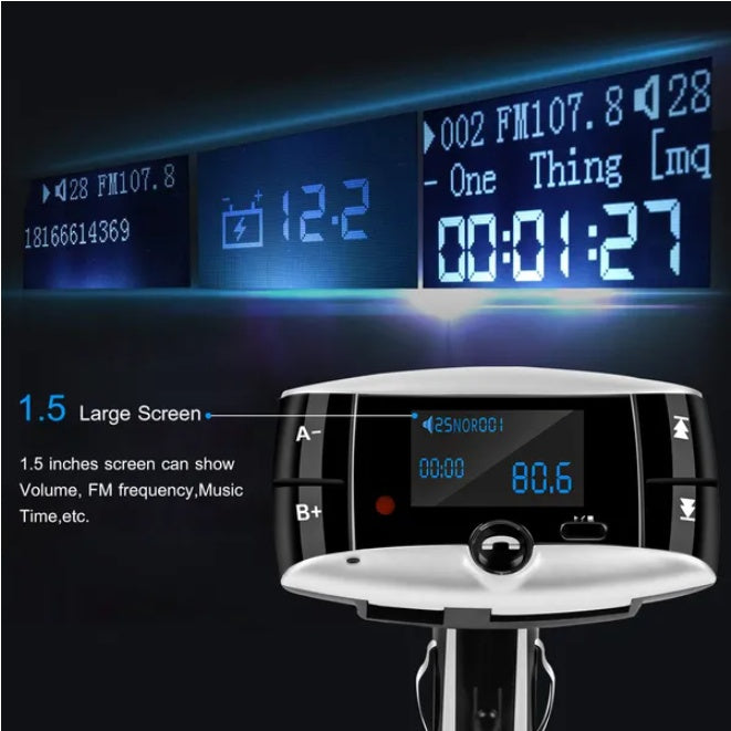 Car Wireless FM Transmitter – Bluetooth Audio Adapter with Hands-Free Calling & USB Charging