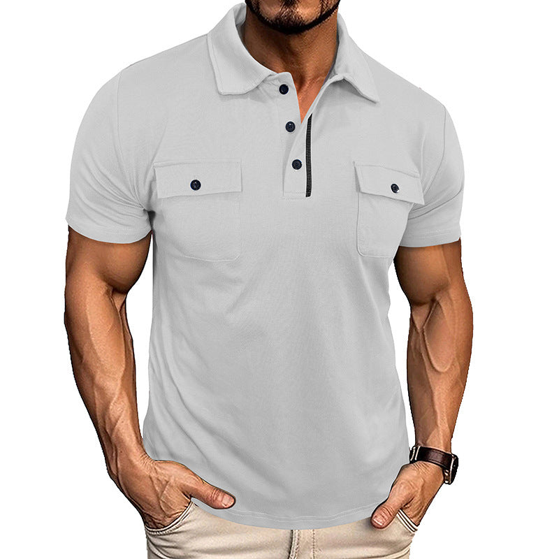 Men’s Summer Polo Shirt – Short Sleeve Button-Up with Lapel Collar & Pockets, Outdoor Casual Top