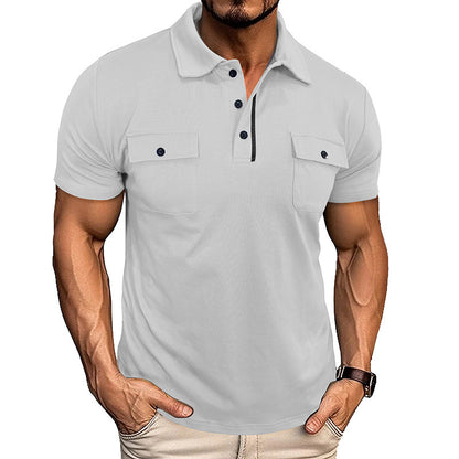 Men’s Summer Polo Shirt – Short Sleeve Button-Up with Lapel Collar & Pockets, Outdoor Casual Top