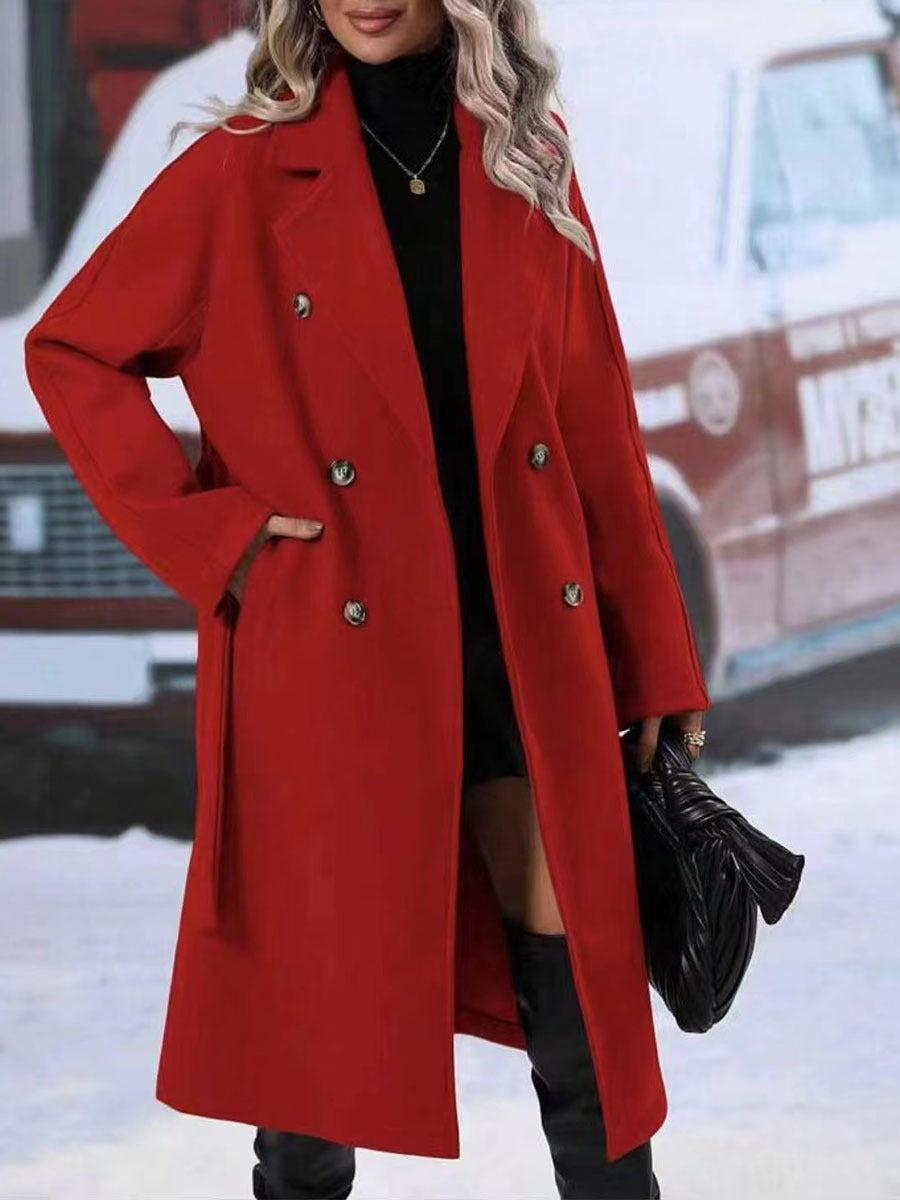 Women's Winter Trench Coat – Long Solid Color Belted Jacket with Lapel Collar