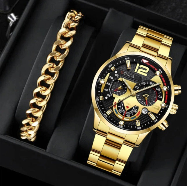 Men's 2-Piece Quartz Watch & Bracelet Set – Fashion Steel Strap Business Watch with Three-Eye Dial